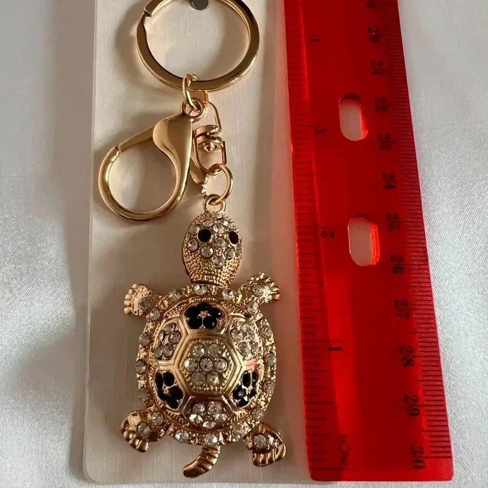 Turtle Key Chain Or Bag Charm Black/White Crystal Rhinestone Gold Tone Hardware